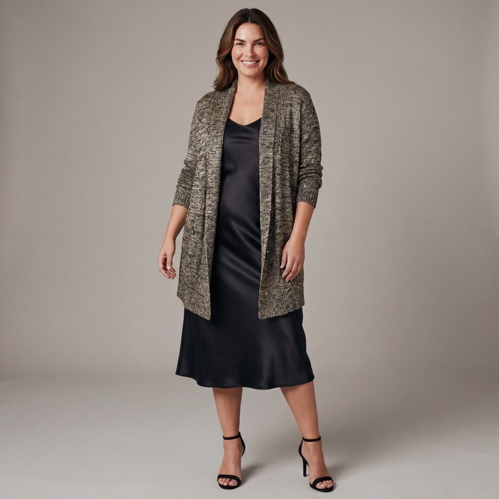 Vintage Jaclyn Smith Plus Size Black Gold Sequin Open Cardigan Casual chic glam